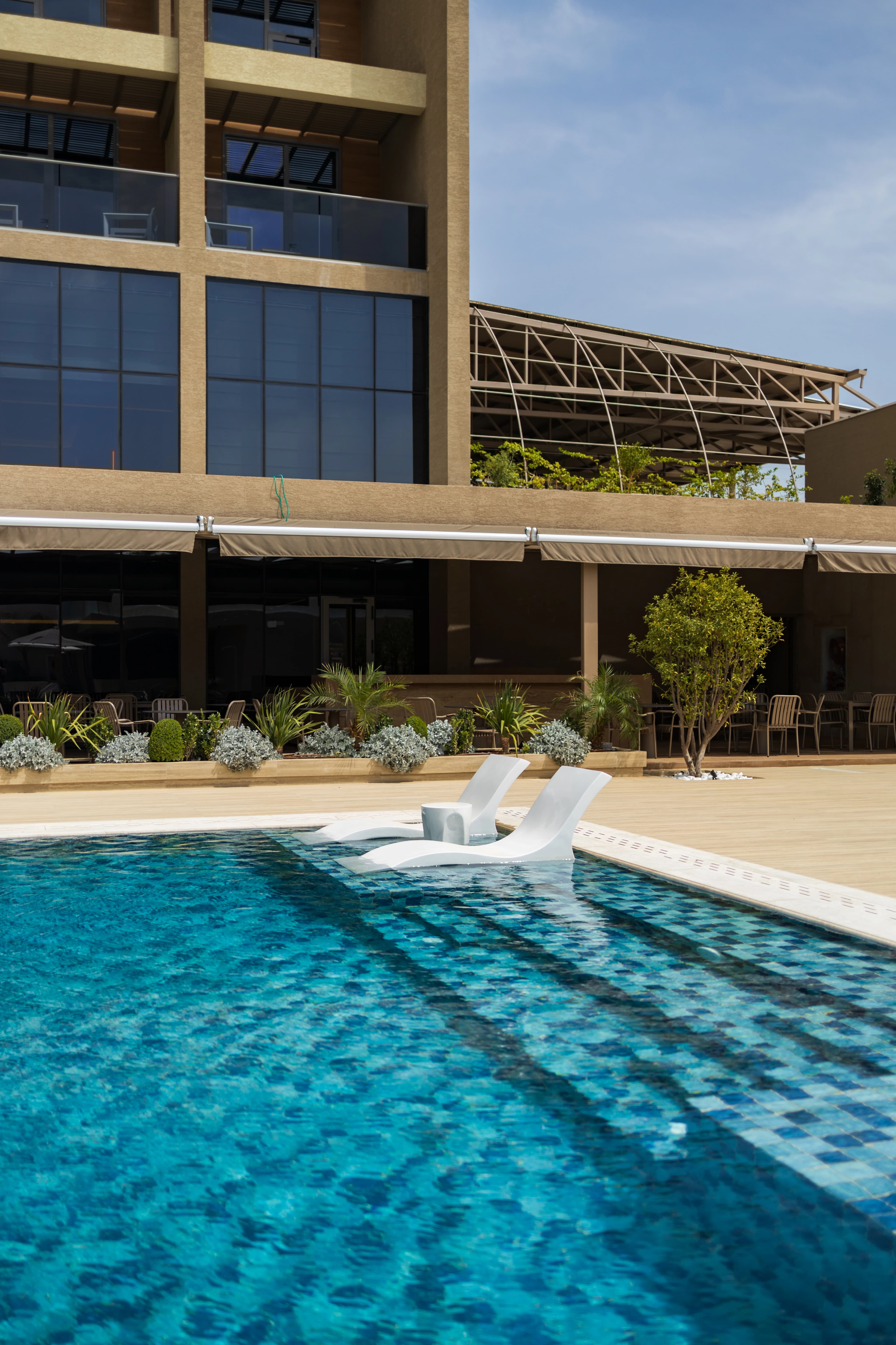 Pool with hotel facade